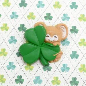 80s vintage Hallmark green shamrock clover mouse brooch pin St. Patrick's Day